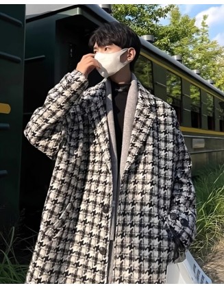 Black And White Houndstooth Woolen Coat | Changbin – Stray Kids