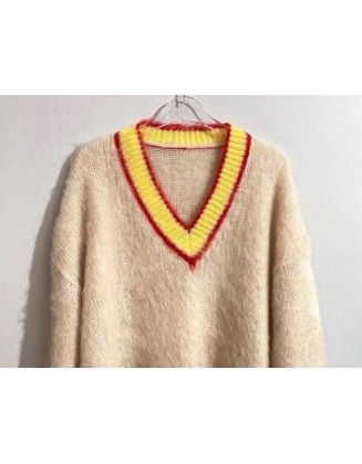 Beige Mohair V-Neck Sweater With Yellow Linings | Jungwon – Enhypen